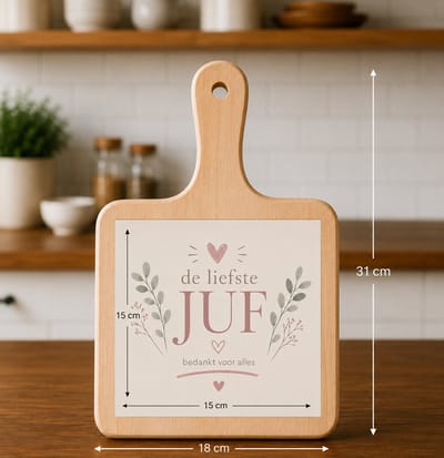 Kaasplank met Tegel De Liefste Juf – Bedankcadeau Juf – Houten Serveerplank 18x31 cm met Tegel 15x15 cm – Cadeau Einde Schooljaar