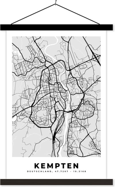 Posterhanger incl. Poster 40x60 cm - Schoolplaat - Plattegrond - Kempten - Kaart - Stadskaart - Duitsland - Textielposter - Zwarte latten - Stadskaart
