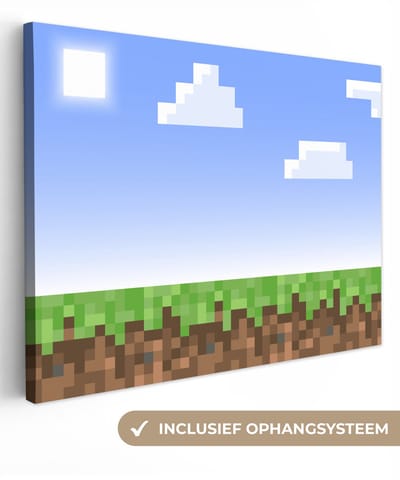 Canvas schilderij 40x30 cm - Wanddecoratie Gaming - Pixel - Gamen - Gras - Muurdecoratie game room - Gaming kamer decoratie - Gameroom accessoires - Schilderijen