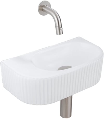 QeramiQ Fuente fonteinset – halfrond – 40x21.5x12 cm – keramiek wit mat – kraan geborsteld RVS – geribbeld