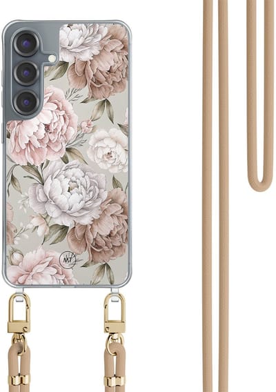Hoesje met koord geschikt voor Samsung Galaxy S25 - Klassieke bloemen - Inclusief Beige koord - Crossbody beschermhoes - Transparant, Beige - Mooie Telefoonhoesjes