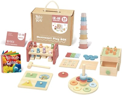 BusyKids Montessori Speel Box - Play Box - Houten Speelgoed Set - Educatief Speelgoed 54-Delig - 12 tot 18 maanden