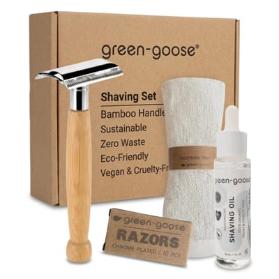 green-goose® Scheerpakket | Safety Razor Klassiek Scheermes | Bamboe | Biologische Scheerolie | Bamboe Doekje | 10 Scheermesjes | Duurzaam Cadeau!