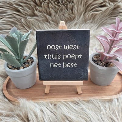 Robuust wenstegeltje “oost west thuis poept het best” – 10x10 cm – Humoristische Wanddecoratie & Cadeau – Cadeau vrienden,zomaar – Humor tegeltje - Grappige tekst – WC decoratie humor – Trendy nu – Decoratief Tegeltje met Standaard – Cadeau Idee