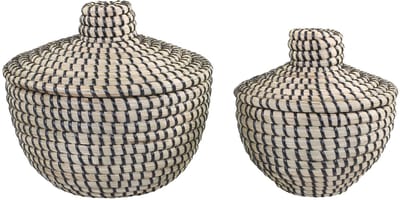 Mandenset, 2-delig, opbergmand met deksel van zeegras, rond ø 20 x 18, ø 15 x 16 cm, zwart/beige