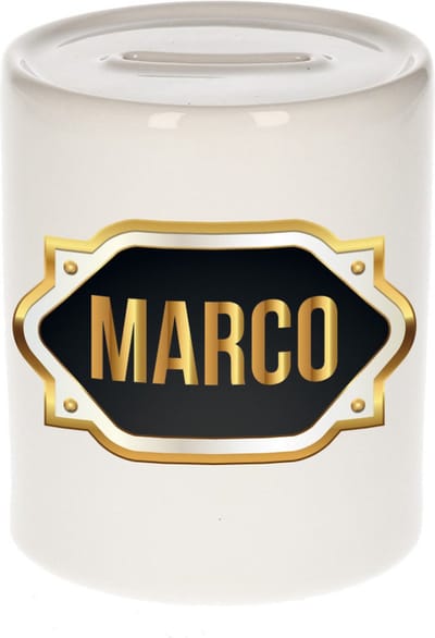 Spaarpot met voornaam Marco - wit - met goud/zwart embleem - 8 x 9 cm - keramiek - met afsluitdop - cadeau verjaardag
