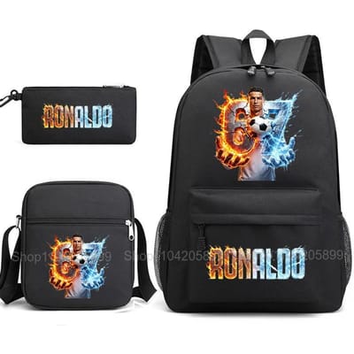 CR7 Ronaldo Rugzak Voetbal 67 Print Schooltas Met Schoudertas & Etui Voor Student Jongens Cadeau Dagelijks Reizen Rugzak gray