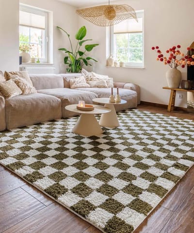 Checkerboard vloerkleed - Check ivoor/olijfgroen 100x150