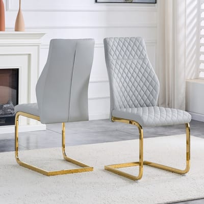 [Set van 2] Eetkamerstoelen in lichtgrijs ruitpatroon: Hoge rugleuning + comfortabel zitkussen, goudkleurig metalen frame, antislip en duurzaam, geschikt voor restaurants etc.