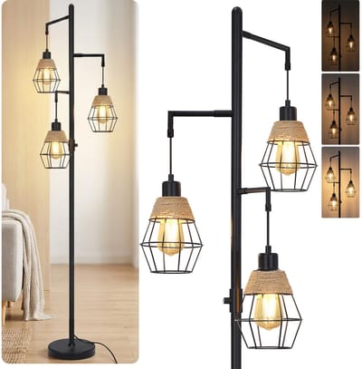 MUPOO Industriële Vloerlamp - met 3 lampen - E27 fitting - Traploos dimmen - H 175cm - Staande lamp voor Woonkamer | Slaapkamer | Kantoor