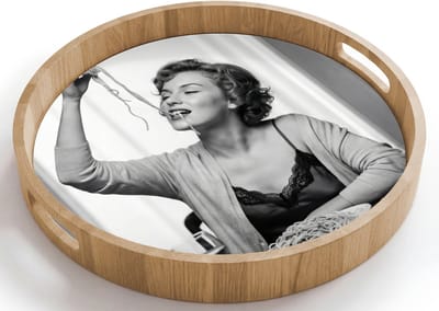 Dienblad rond 40x40 cm - Schootdienblad hout - Vrouw - Spaghetti - Zwart - Wit - Borrelplank rechthoek - Plateau houten dienbladen