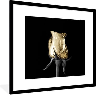 Fotolijst incl. Poster - Rozen - Bloemen - Goud - Zwart - 40x40 cm - Posterlijst