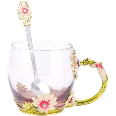 Glazen Kop Innovatieve Bloemen Thee Kop met Lepel Drink Mok Verjaardag Kerst Feestelijke Cadeaus Type 2
