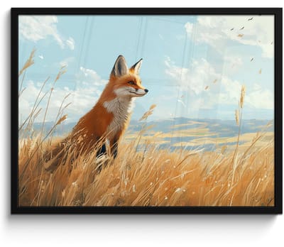Poster in lijst - Fotolijst 70x50 cm - Posters - Vos - Gras - Wolken - Oranje - Posterlijst zwart - Decoratie - Wanddecoratie woonkamer - Muurdecoratie slaapkamer