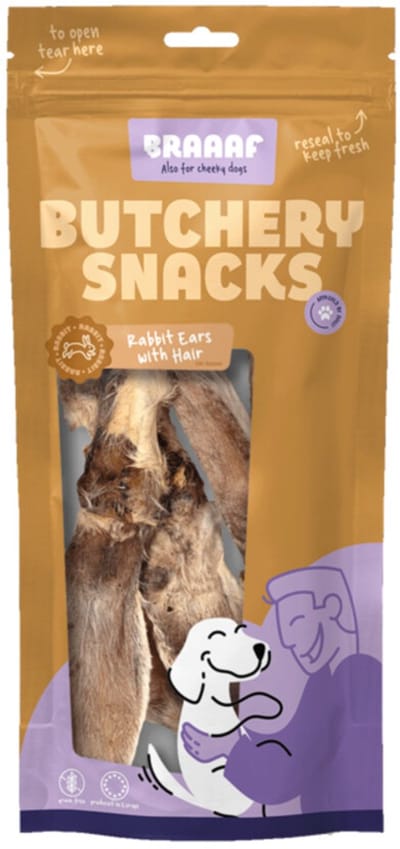 Braaaf Hondensnack Butchery Konijnenoren met Haar - 10 x 80 gr - Voordeelverpakking