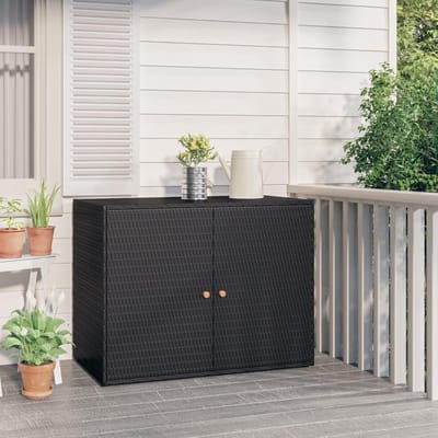 Tuinkast van polyrotan zwart 100 x 55 cm met acaciahout handgrepen als opbergkast voor tuingereedschap
