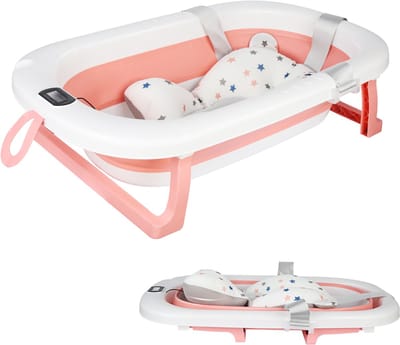 PIPIPOXER- Opvouwbaar babybadje met digitale thermometer en kussen geschikt voor baby's van 0 tot 36 maanden Roze