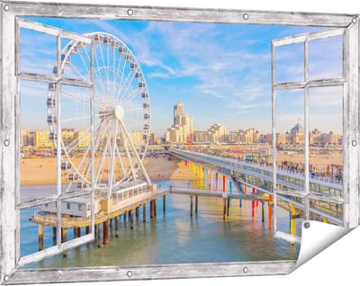 Gards Tuinposter Doorkijk Scheveningen Pier met de Ferris Wheel - Reuzenrad - 120x80 cm - Tuindoek - Tuindecoratie - Wanddecoratie buiten - Tuinschilderij