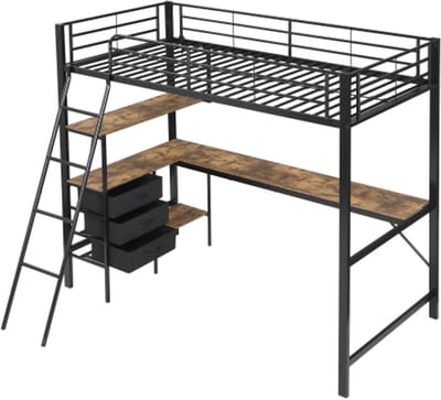 Gotagee IJzeren bed, hoogslaper 90x200cm, geschikt voor kinderen en adolescenten, drie lades, met 2m lange tafel, schuine ladder met vier treden, ijzer + spaanplaat, zwart + donker notenhout