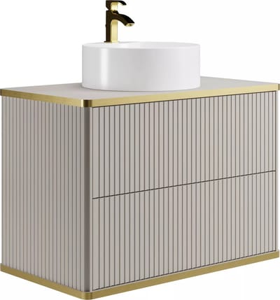 Vente-unique Hangmeubel voor badkamer met ribbels en goudkleurige rand met ronde opbouwwastafel - Beige - 80 cm - KELIZA