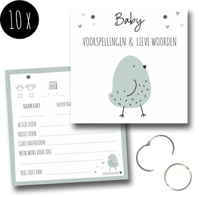 10x Luxe babyshower invulkaarten incl. gaatjes en ringen | boek / invulboek | Baby voorspellingen & lieve woorden | jongen / meisje