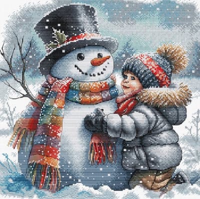 Borduurpakket AVA Stitch - Boy and his Snow Friend - Het Jongetje met zijn Sneeuwvriendje