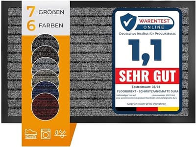 FLOORDIREKT Dura Deurmat - Robuust & Duurzaam - In vele Maten en Kleuren - Antislip Schoonloopmat - Voor Binnen en Buiten - Grijs - 40 x 60 cm