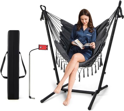 COSTWAY Hangstoel met frame, in hoogte verstelbare hangstoel met telefoonhouder, kussen en zijtas, hangstoel, hangstoel, hangschommel, belastbaar tot 250 kg, hangstoelframe voor binnen en buiten,