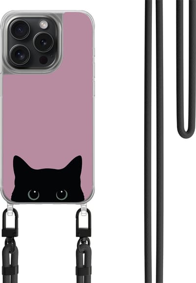 Hoesje met koord geschikt voor iPhone 14 Pro - Zwarte kat - Inclusief zwart koord - Crossbody beschermhoes - Transparant, Roze - Mooie Telefoonhoesjes