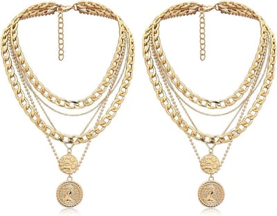 2-delige gouden kettingen voor dames, gelaagde kettingen met dikke schakels en hip hop pendant, boho choker voor een trendy look