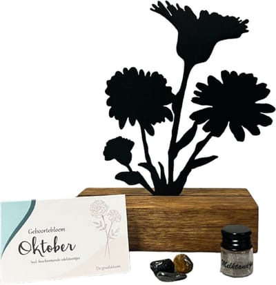 Kraamcadeau meisje jongen - geboortebloem beeld- OKTOBER - goudsbloem - mét tandendoosje / potje / haarlokpotje en beschermende edelsteentjes - metaal in houten sokkel - baby cadeau - babyshower cadeau