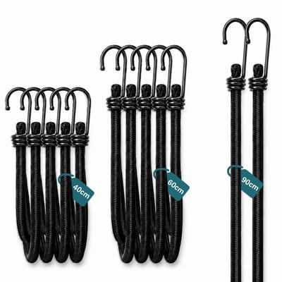 Set van 12 elastische spanbanden met haken, robuuste elastische banden voor fiets, motorfiets, auto, tent, camping, aanhanger, bagageriem en dekzeilen, militair en outdoor gebruik