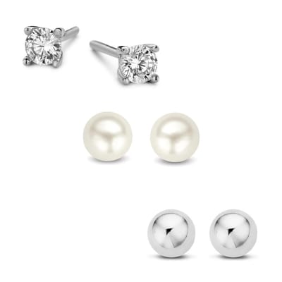 New Bling 9NB SET026 Zilveren Oorknopjes - Set - 3 Paar oorbellen - 4mm - Bol - Zirkonia - Parel - Zilverkleurig