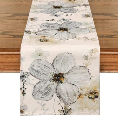 Tafelloper beige bloem 32 x 240 cm wasbaar tafelkleed bloemen planten tafelloper zomer decoratieve tafelloper modern voor eetkamer keuken boerderij bruiloft verjaardag buiten