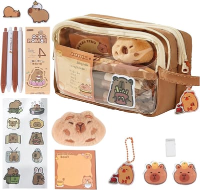 Esthetische Pennenhouder met Capybara Motief, Set met Pennen, Stickers en Broches, Perfecte Verjaardagscadeaus voor Kinderen, Koffiekleur, 23 x 14 x 5 cm