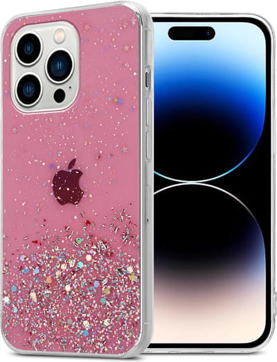 Cadorabo Hoesje geschikt voor Apple iPhone 14 PRO in Roze met Glitter - Beschermhoes van flexibel TPU silicone met fonkelende glitters Case Cover Etui