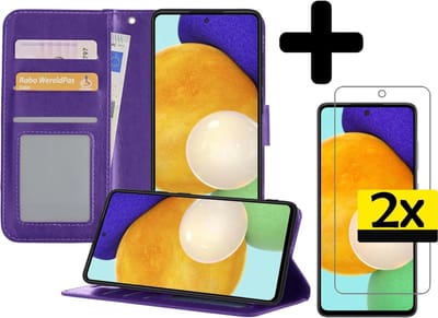 Hoesje - Met 2x Screenprotector - Geschikt voor Samsung Galaxy A52 5G - Luxe Pasjeshouder - Bookcase Portemonee - Flip Case - Kunstleer Book Case - Flipcase Hoes - Book Cover - Walletcase - Portemonneehoes - Telefoonhoesjes - Paars