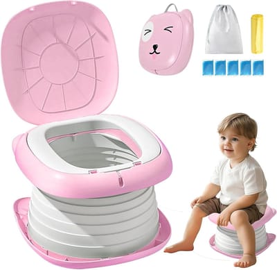 SnelShoppen - Vouwtoilet voor Kinderen, Opvouwbare Toiletbril, Klaptoilet voor Kinderen, Potje voor Onderweg, Baby Toiletbril met Reservetassen (Roze)