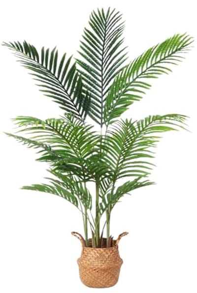 Artificiële Areca Palmplant 55 Inch - Faux Dypsis Lutescens Boom met 15 Trunks in Pot en Geweven Zeewier Mand - Perfecte Nepplant voor Thuis, Binnen, Buiten, Kantoor en Moderne Decoratie