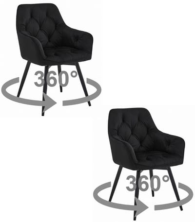 Set van 2 - Stoel JORK 360 - Zwart Velvet - Zwarte Metaalpoten - Luxe Eetkamerstoel - Fauteuil - Met Armleuning - 360° Draaibaar - Modern Design - Elegant en Comfortabel voor Woonkamer, Keuken of Eetkamer - Max. 110 kg