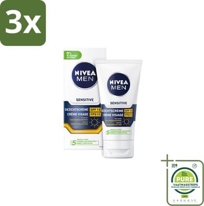 3 x NIVEA MEN - Sensitive - Gezichtscrème met SPF 15 - 75 ml - Grootverpakking - Gevoelige Huid - Gezichtscreme - SPF 15 - Zonbescherming - Kamille