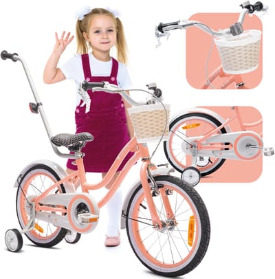 Heart Bike Fiets voor een meisje van 4 tot 6 jaar, 16 inch Abrikoos, met fietsbel, zijwieltjes, duwstang en stuurmandje