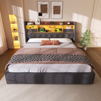 Gestoffeerd bed 140x200 cm met opbergruimte en LED-verlichting - 4 oplaadpoorten (USB/Type-C) - tweepersoonsbed - grijs - zonder matras