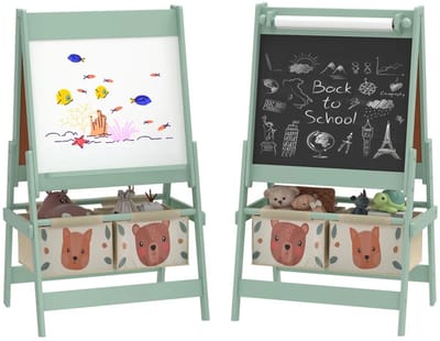 3-in-1 Kinderstaffel - Schildersezel voor Kinderen - met Papierrol, Krijtbord, Whiteboard en Opbergmanden - MDF - Grenenhout - Premium Kwaliteit - Lange Levensduur - Extreem Stabiel - 54x46,5x93 cm - Groen
