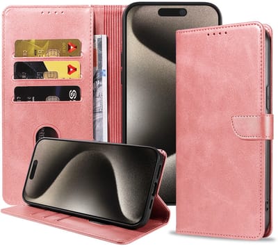 Geschikt voor iPhone 15 Pro Telefoonhoesje Kunstleer met Magnetisch lipje en Pasjeshouder Book Case met Klepje - Roze - Smartphonica geschikt voor iPhone 15 Pro
