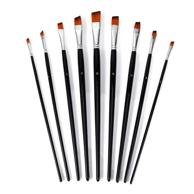 Ensemble de 9 pinceaux à peinture à pointe plate oblique en nylon, pinceau à manche long en bois incliné black