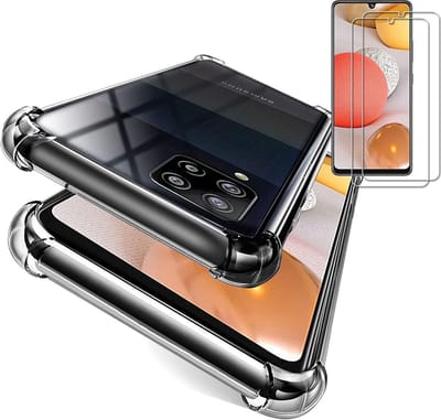 HB Hoesje en Glas Geschikt voor Samsung Galaxy A42 5G - Transparant - Anti Shock Hybrid Back Cover + 2x Glazen Screenprotector
