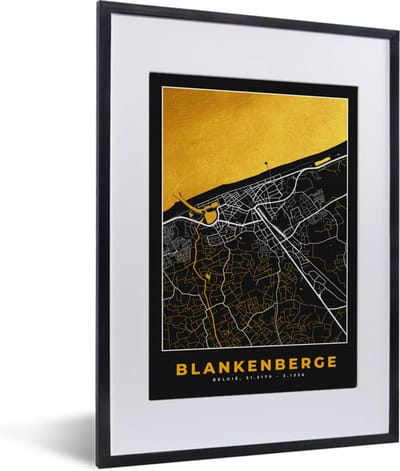 Fotolijst incl. Poster - Plattegrond - Stadskaart - Blankenberge - Goud - Kaart - 30x40 cm - Posterlijst