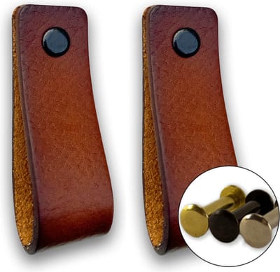 Leren handgrepen - Cognac - 2 stuks - 16,5 x 2,5 cm - incl. 3 kleuren schroeven - Handgrepen leer - Leren meubelgreep - Leren handvaten kast - Leren lus - Handgreep kast leer - Leren greepjes - Handvat leer - Leren deurgreep - Leren handgreep cognac