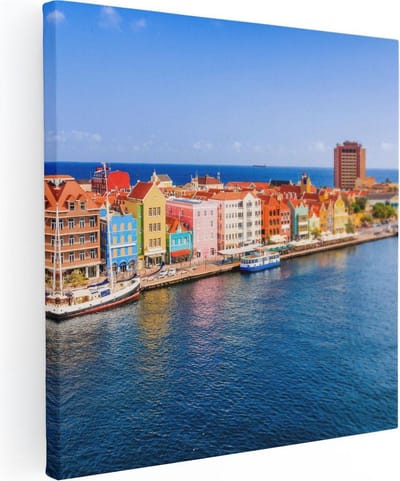 Artaza Canvas Schilderij Willemstad - 30x30 cm - Klein - Wanddecoratie Curacao - Muurdecoratie Kleurrijke Gevels - Schilderijen Op Canvas Haven